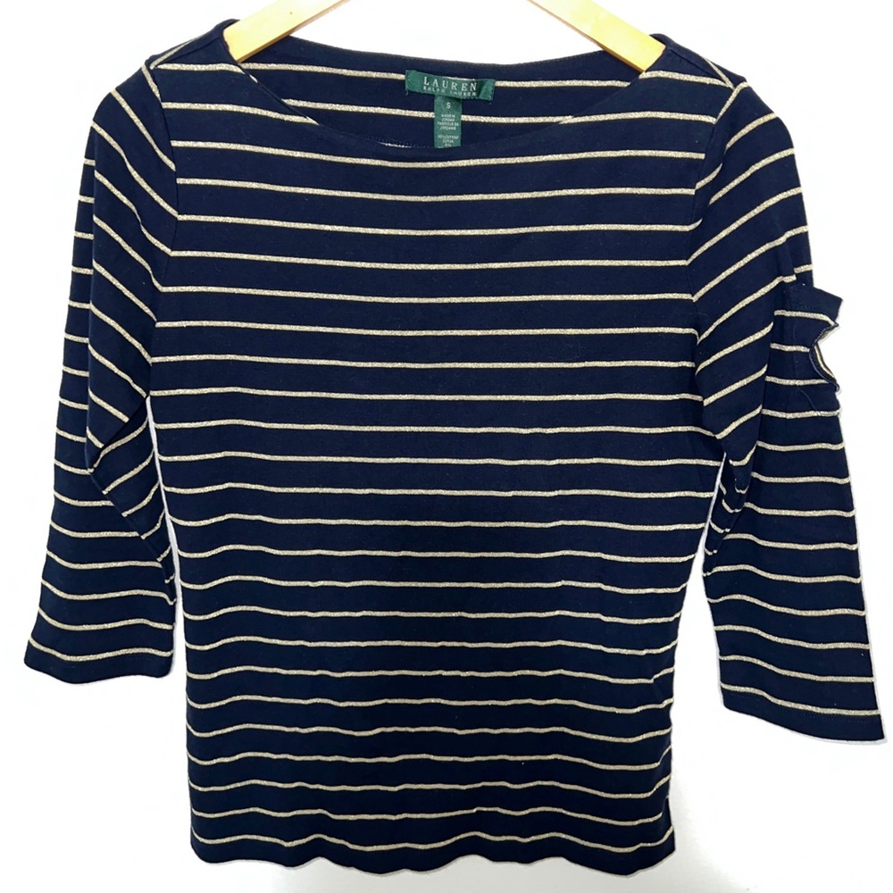 Lauren Ralph Lauren Navy Blue 3/4 Sleeve Top With Gold Stripes And Crest Size  S